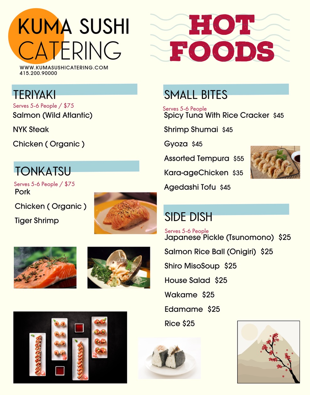 Kuma Sushi Catering Service Menu Page 2 (Hot Foods)